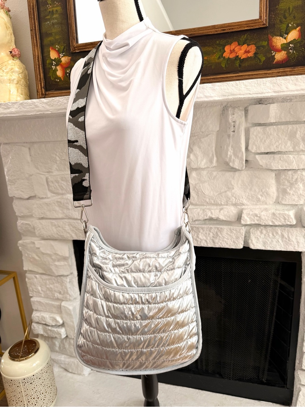 ah-dorned Metallic Silver Quilted Puffer Crossbody Bag Camo Strap